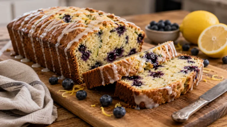 Moist lemon blueberry zucchini bread with juicy blueberries, green zucchini flecks, and a light lemon glaze.