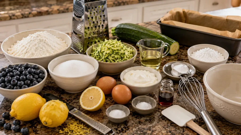 Fresh blueberries, zucchini, lemons, flour, eggs, yogurt, oil, sugar, and baking ingredients for lemon blueberry zucchini bread.