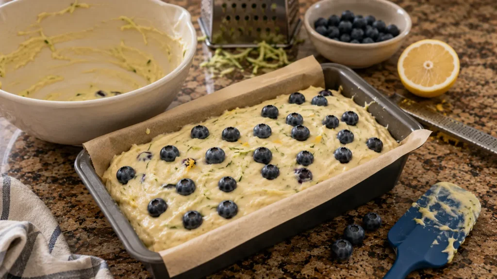 Raw lemon zucchini bread batter with fresh blueberries in a parchment-lined loaf pan before baking.