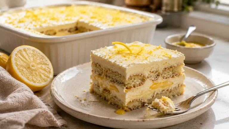 Creamy lemon tiramisu with lemon-soaked ladyfingers, mascarpone filling and fresh lemon curd.