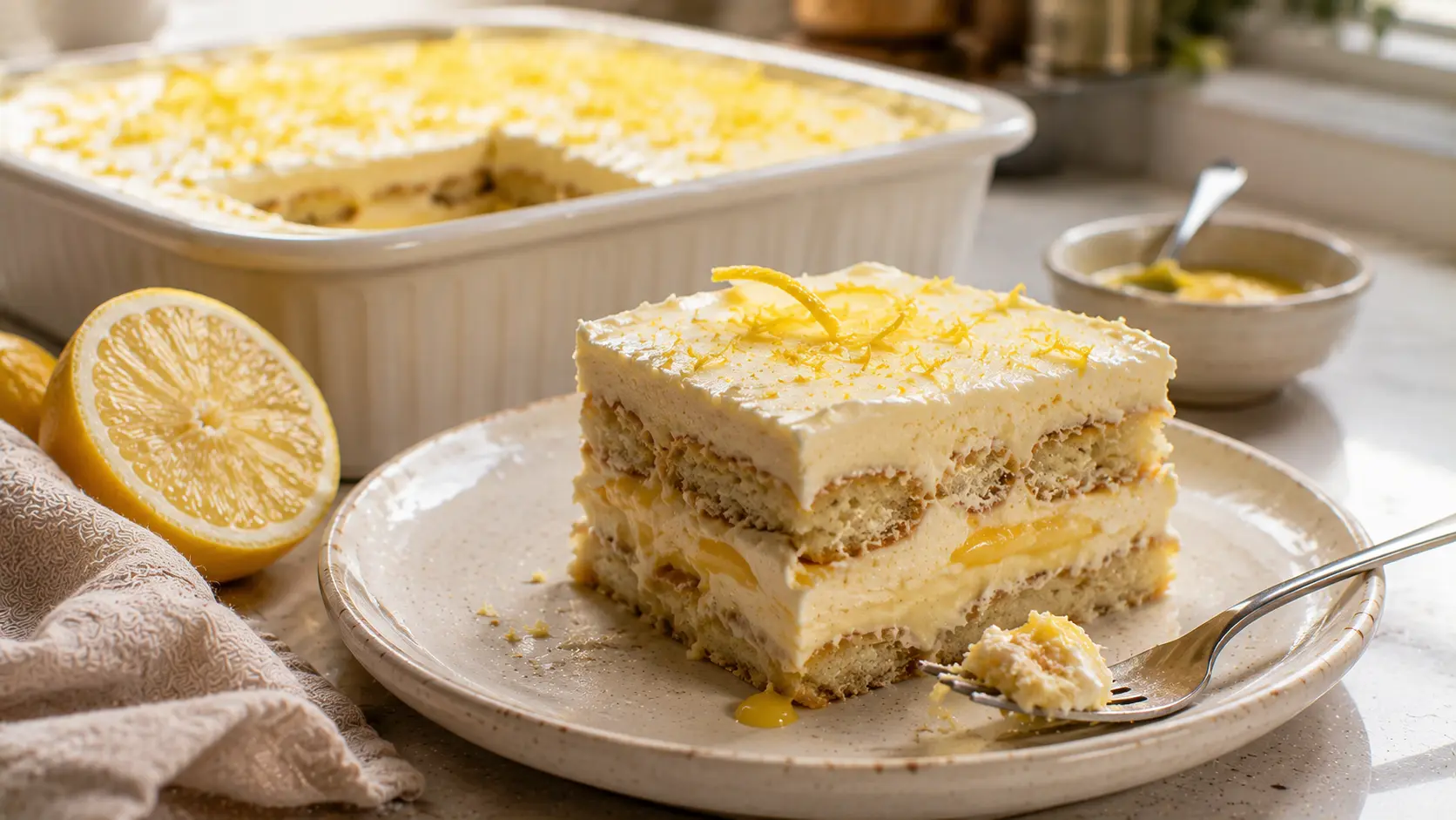 Creamy lemon tiramisu with lemon-soaked ladyfingers, mascarpone filling and fresh lemon curd.