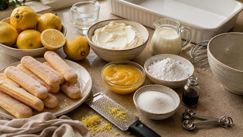 Ingredients for lemon tiramisu including fresh lemons, ladyfingers, mascarpone, whipping cream and lemon curd.