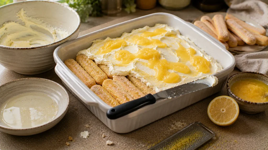 Lemon tiramisu being layered with lemon-soaked ladyfingers, mascarpone cream and lemon curd.