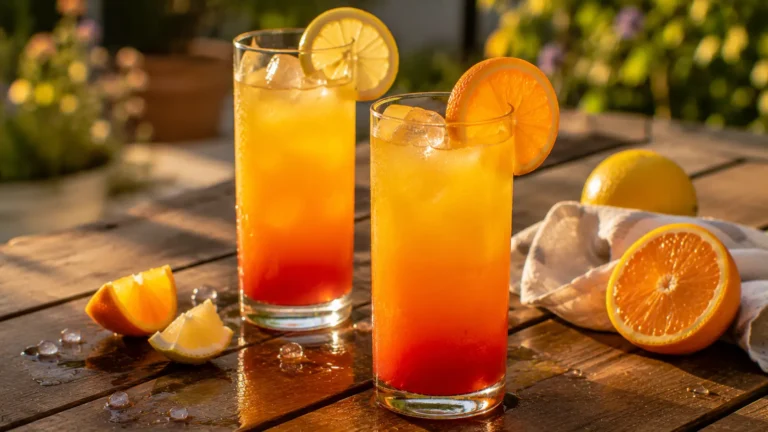 Limoncello Sunrise cocktails with orange, lemon, grenadine and ice on a summer table.