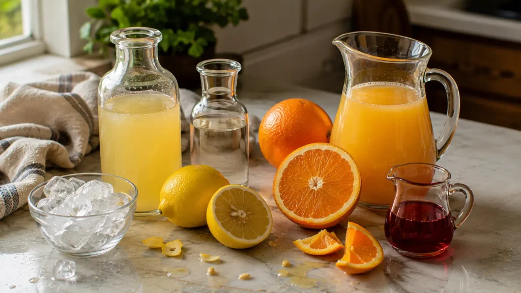 Limoncello, oranges, lemons, vodka, grenadine and ice for a Limoncello Sunrise cocktail.