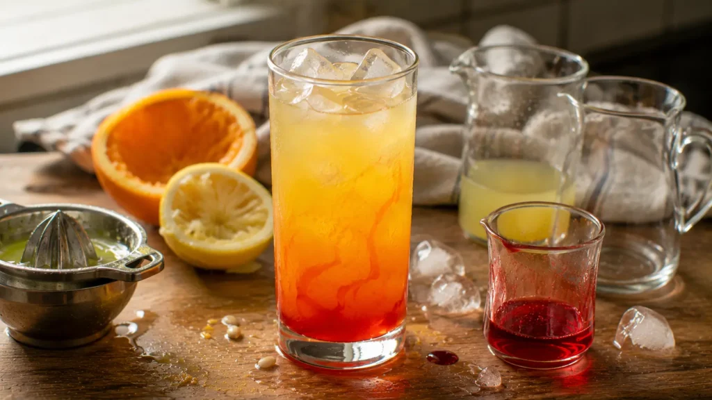 Limoncello Sunrise being prepared as grenadine creates a red and orange gradient.