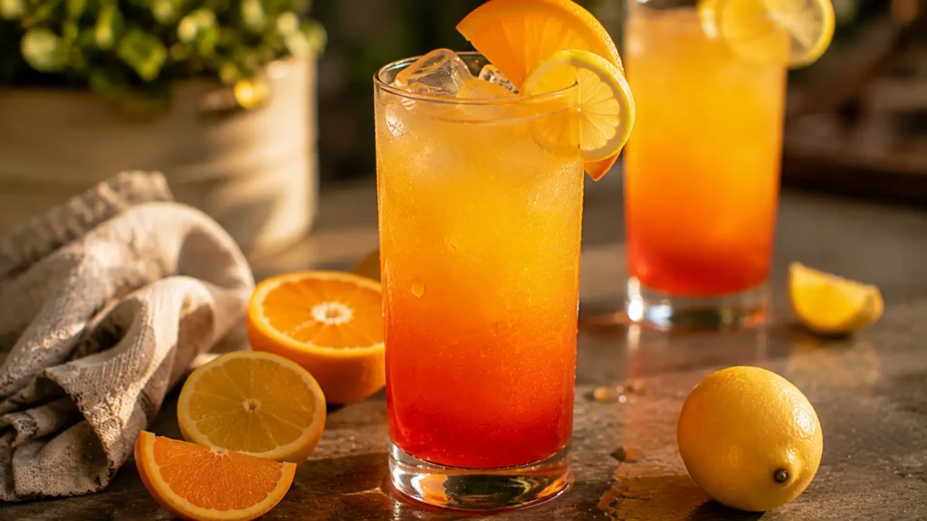 Limoncello Sunrise cocktail with a yellow-to-orange gradient, fresh citrus and ice.