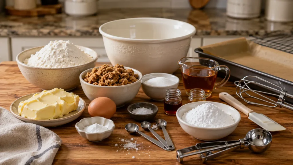 Flour, brown sugar, maple syrup, butter, egg, cinnamon, vanilla, and baking ingredients for maple brown sugar cookies.
