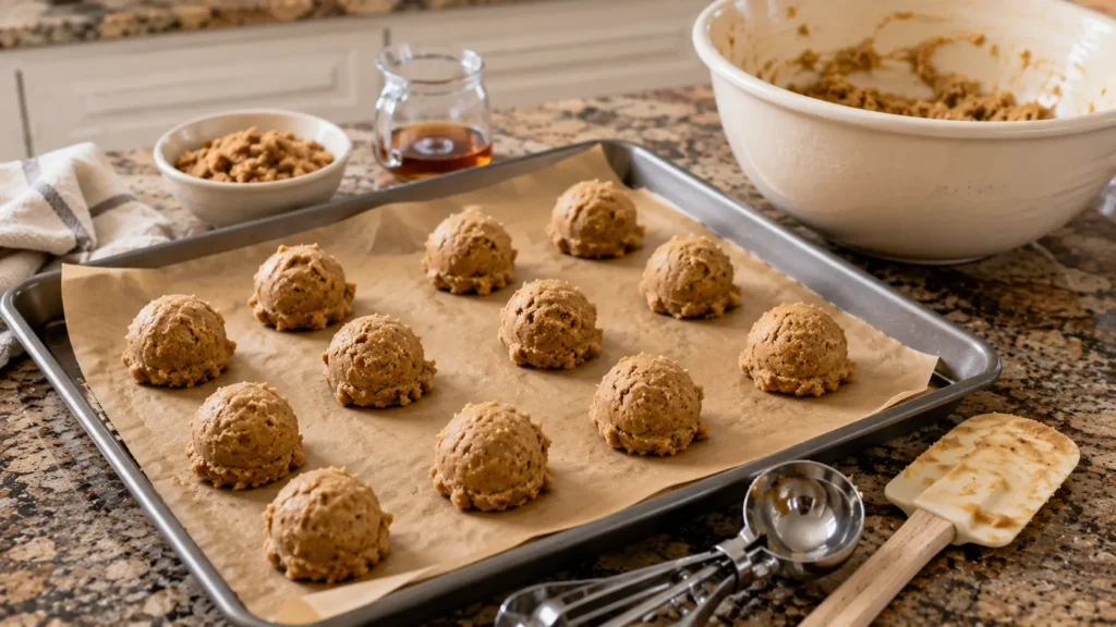 Chilled maple brown sugar cookie dough portions arranged on a parchment-lined baking sheet before baking.