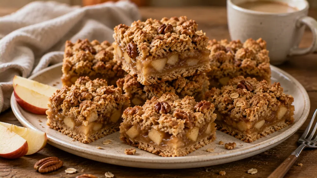 Maple pecan apple crumble bars with cinnamon apple filling, buttery oat crust and golden pecan crumble.