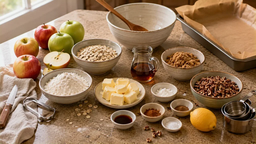 Ingredients for maple pecan apple crumble bars including apples, oats, maple syrup, brown sugar, butter and pecans.