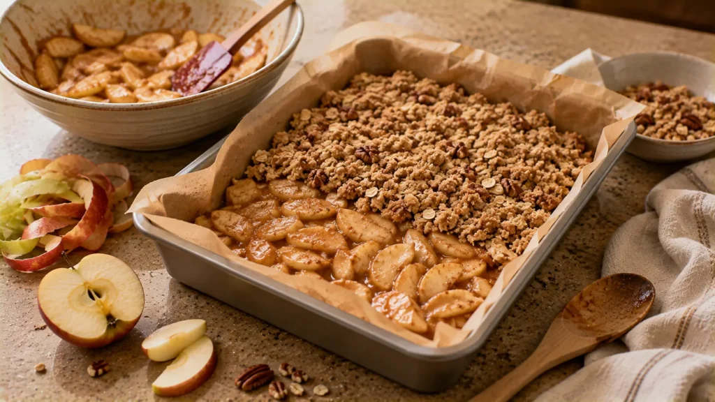 Cinnamon maple apple filling and pecan oat crumble layered over a crust before baking.