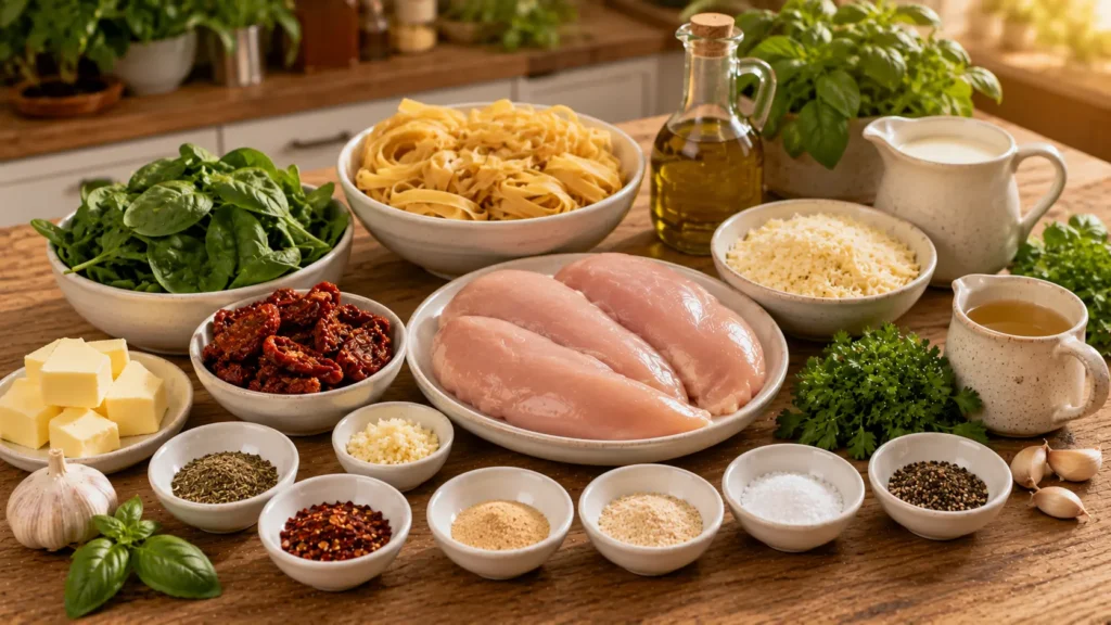 Ingredients for Marry Me Chicken Pasta arranged neatly on a wooden kitchen countertop.