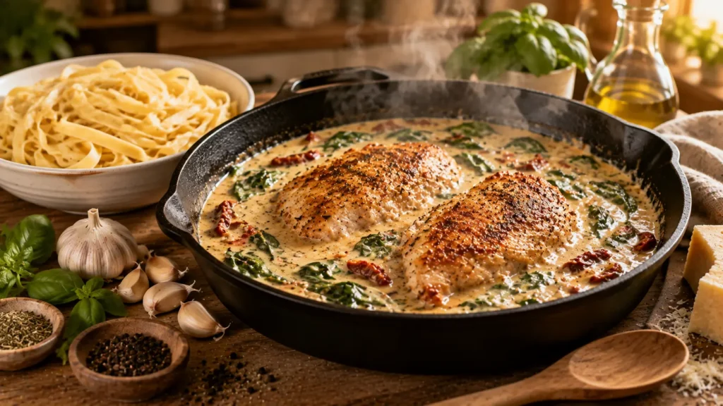 Marry Me Chicken Pasta cooking in a cast iron skillet with creamy Parmesan sauce, spinach, and sun-dried tomatoes.