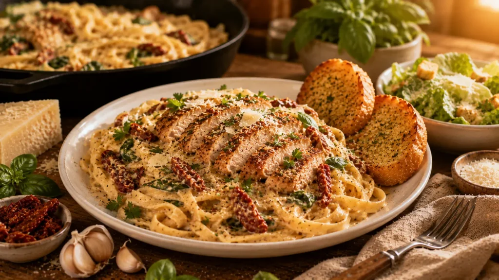 A plated serving of Marry Me Chicken Pasta with garlic bread and Caesar salad on the side.