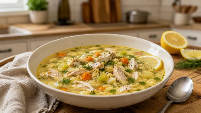 Bowl of Mediterranean Lemon Chicken Soup with shredded chicken, orzo, carrots, celery, fresh dill, and silky lemon broth.