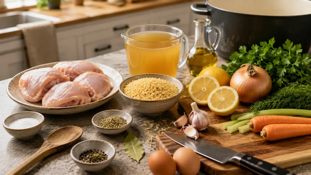 Fresh chicken, lemons, orzo, eggs, carrots, celery, onion, garlic, herbs, and broth for Mediterranean Lemon Chicken Soup.