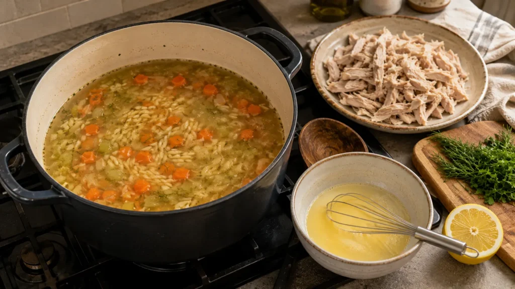 Mediterranean Lemon Chicken Soup cooking with orzo and vegetables before the shredded chicken and lemon-egg mixture are added.
