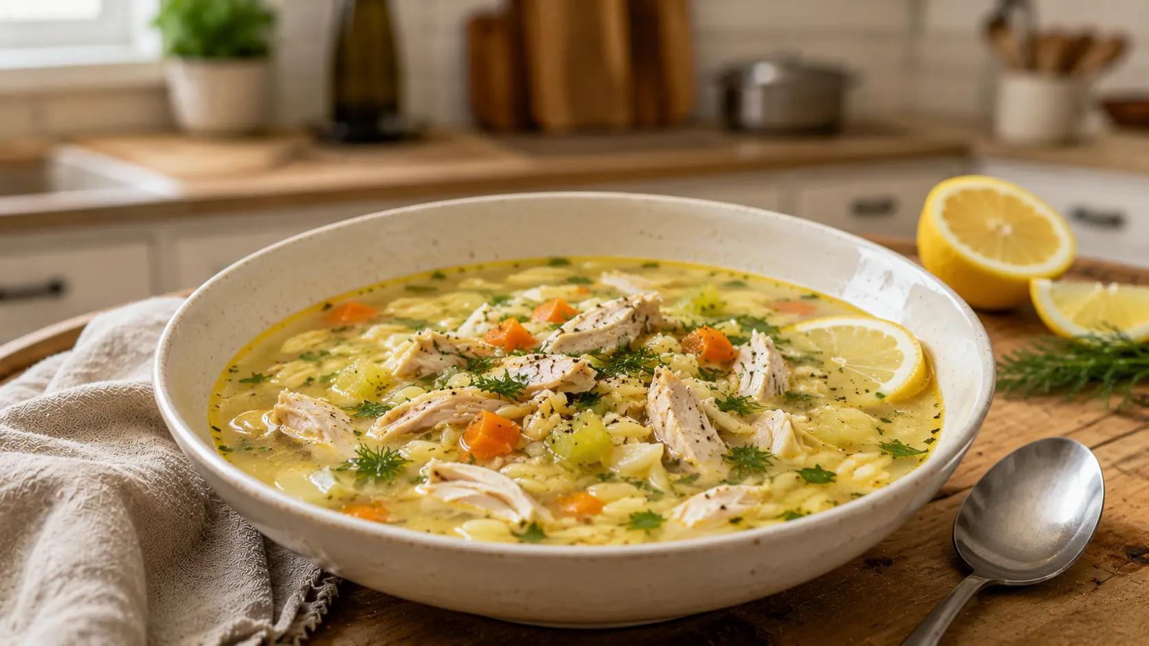 Bowl of Mediterranean Lemon Chicken Soup with shredded chicken, orzo, carrots, celery, fresh dill, and silky lemon broth.