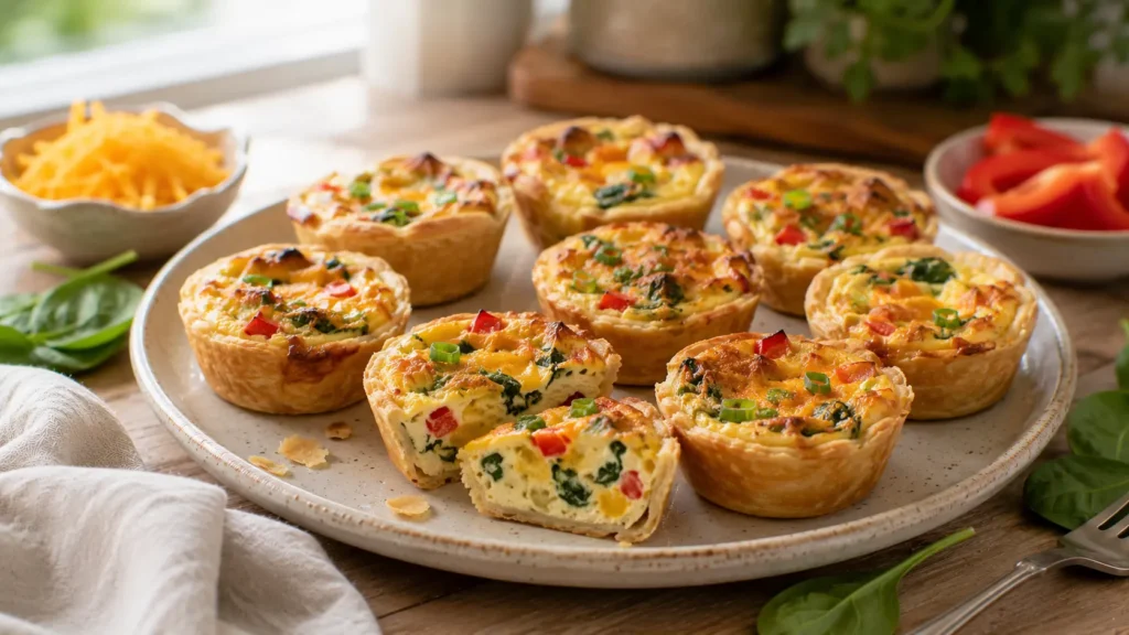 Mini breakfast quiche bites with flaky pastry, eggs, cheddar, spinach and red bell pepper.