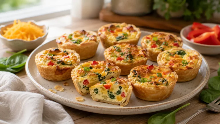 Mini breakfast quiche bites with flaky pastry, eggs, cheddar, spinach and red bell pepper.