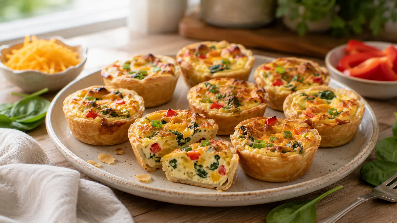 Mini breakfast quiche bites with flaky pastry, eggs, cheddar, spinach and red bell pepper.