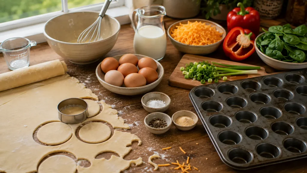 Ingredients for mini breakfast quiche bites including eggs, pie crust, cheddar, spinach and bell pepper.