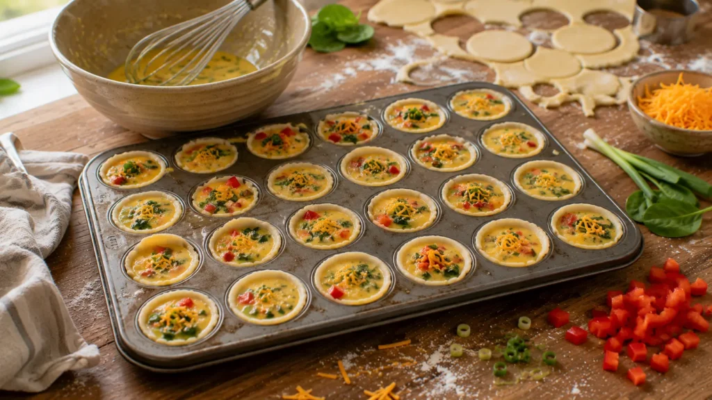 Mini quiche pastry shells filled with eggs, cheese and vegetables before baking.