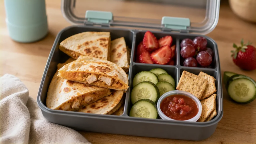 Mini chicken quesadilla lunch box with cheesy chicken quesadilla wedges, fruit, cucumber, crackers and salsa.