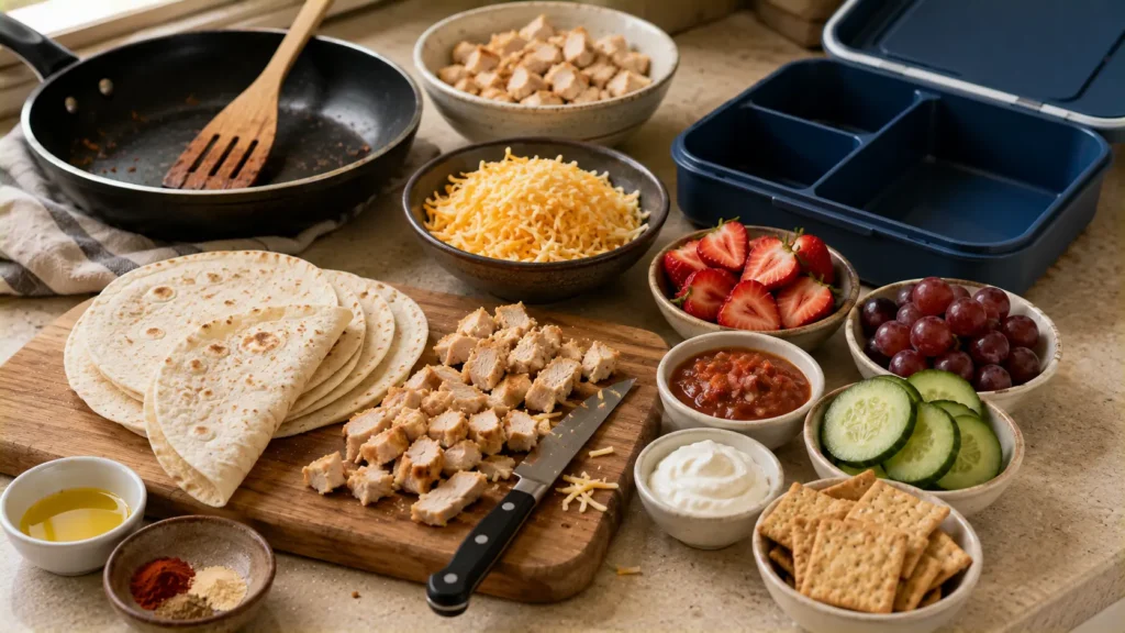 Ingredients for a chicken quesadilla lunch box including tortillas, cooked chicken, cheese, fruit, cucumber and salsa.