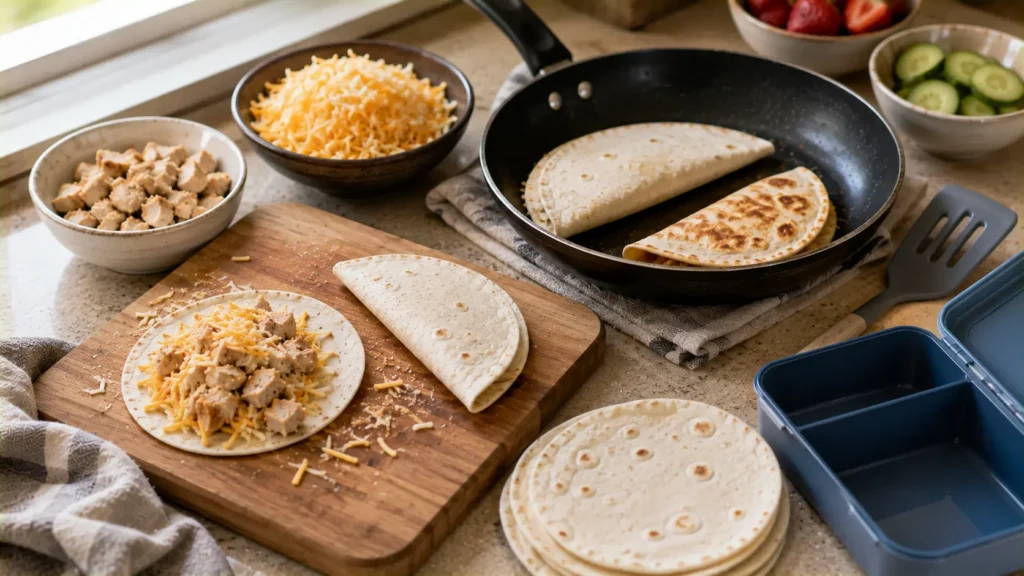 Mini chicken quesadillas filled with chicken and cheese being cooked before packing into a kids lunch box.