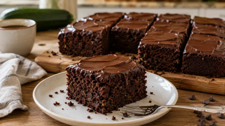 Moist chocolate zucchini cake with a tender chocolate crumb, chocolate chips, and silky chocolate ganache.