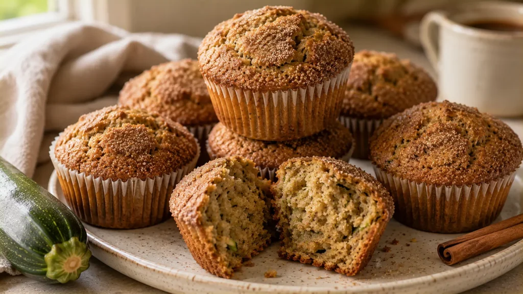 Moist cinnamon zucchini muffins with golden tops and one muffin broken open to show the soft zucchini-speckled center.