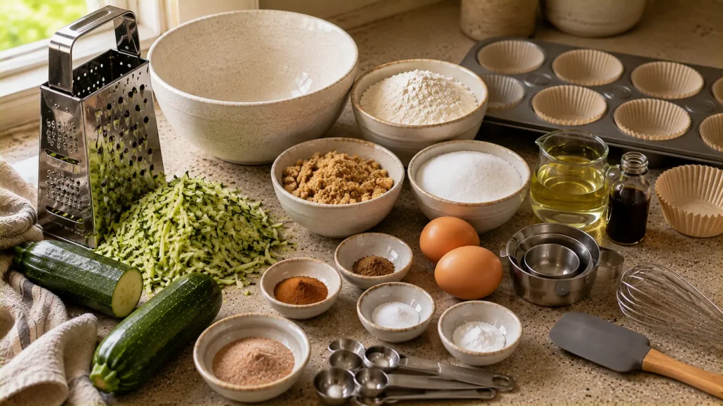 Ingredients for cinnamon zucchini muffins including fresh zucchini, flour, eggs, brown sugar, oil and cinnamon.