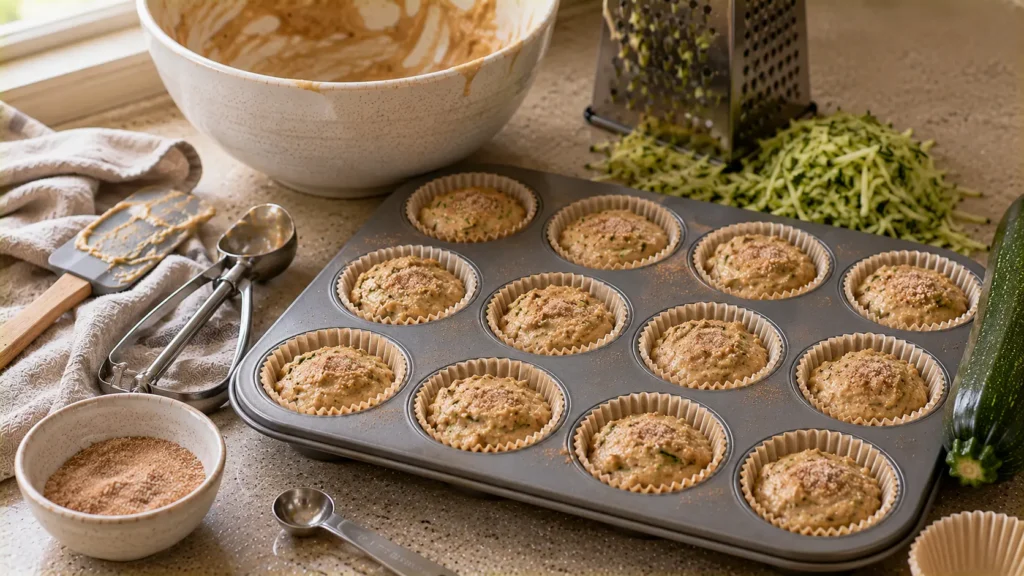Cinnamon zucchini muffin batter portioned into paper-lined muffin cups before baking.