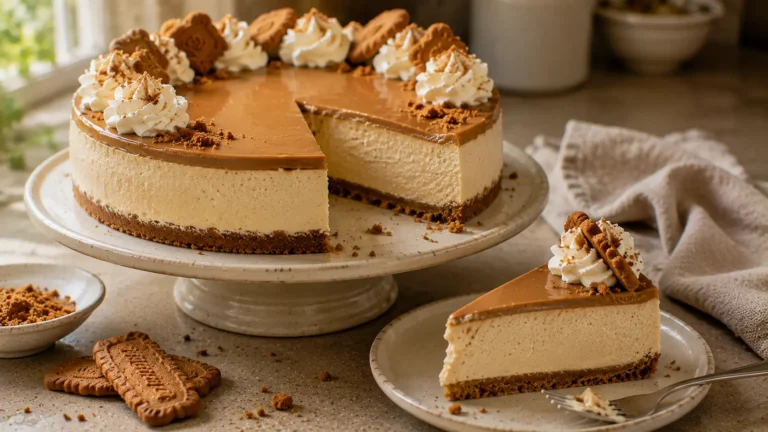No-bake Biscoff cheesecake with a cookie crust, creamy cookie butter filling and smooth Biscoff topping.