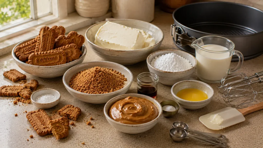 Ingredients for no-bake Biscoff cheesecake including caramelized cookies, cream cheese, cookie butter and whipping cream.