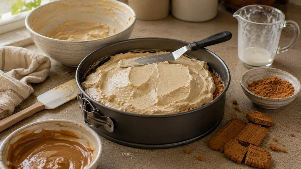 No-bake Biscoff cheesecake filling being spread over a crushed cookie crust in a springform pan.