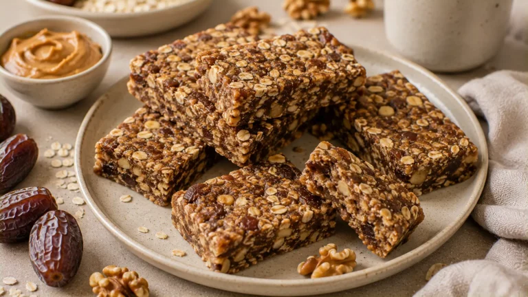 Homemade no-bake oatmeal date bars made with rolled oats, Medjool dates, peanut butter and walnuts.