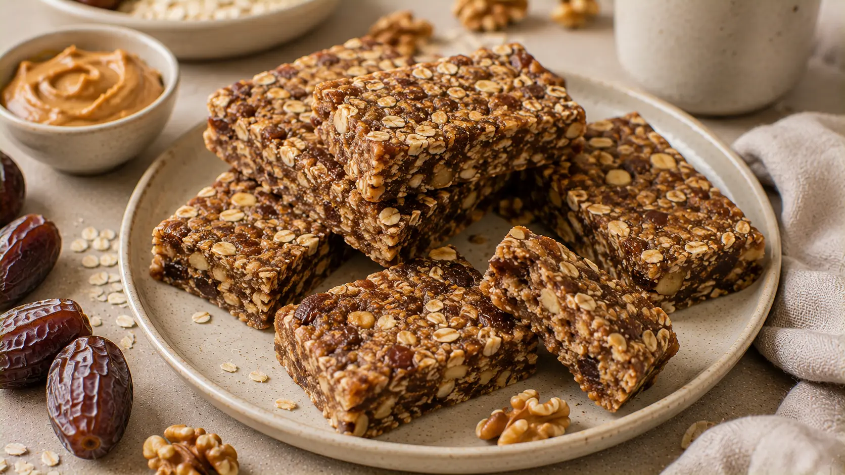 Homemade no-bake oatmeal date bars made with rolled oats, Medjool dates, peanut butter and walnuts.