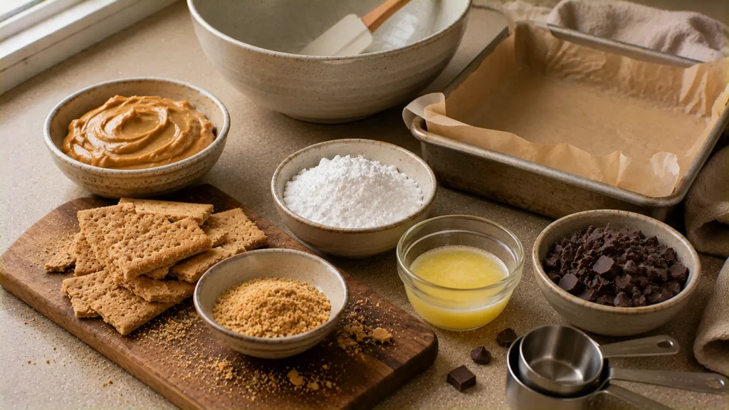 Five ingredients for no-bake peanut butter bars including peanut butter, graham crackers, powdered sugar, butter and chocolate.