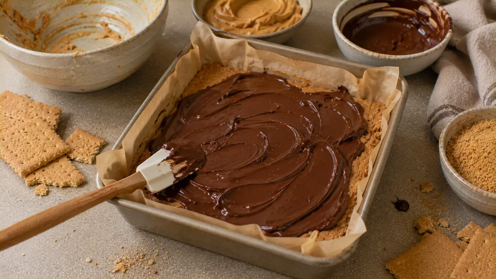 Chocolate topping spread over a peanut butter graham cracker base before chilling.