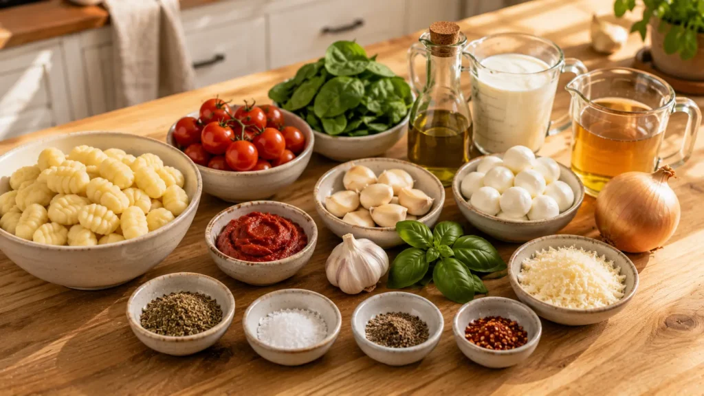 Ingredients for making One Pan Gnocchi Bake arranged on a wooden kitchen countertop.