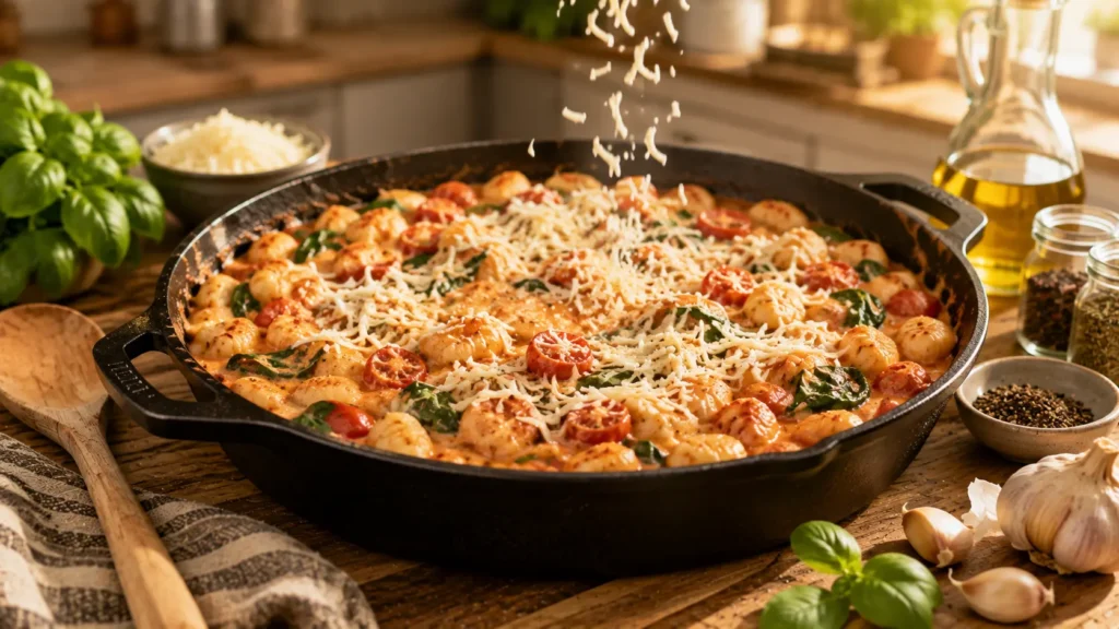 Preparing One Pan Gnocchi Bake in an oven-safe skillet before baking.