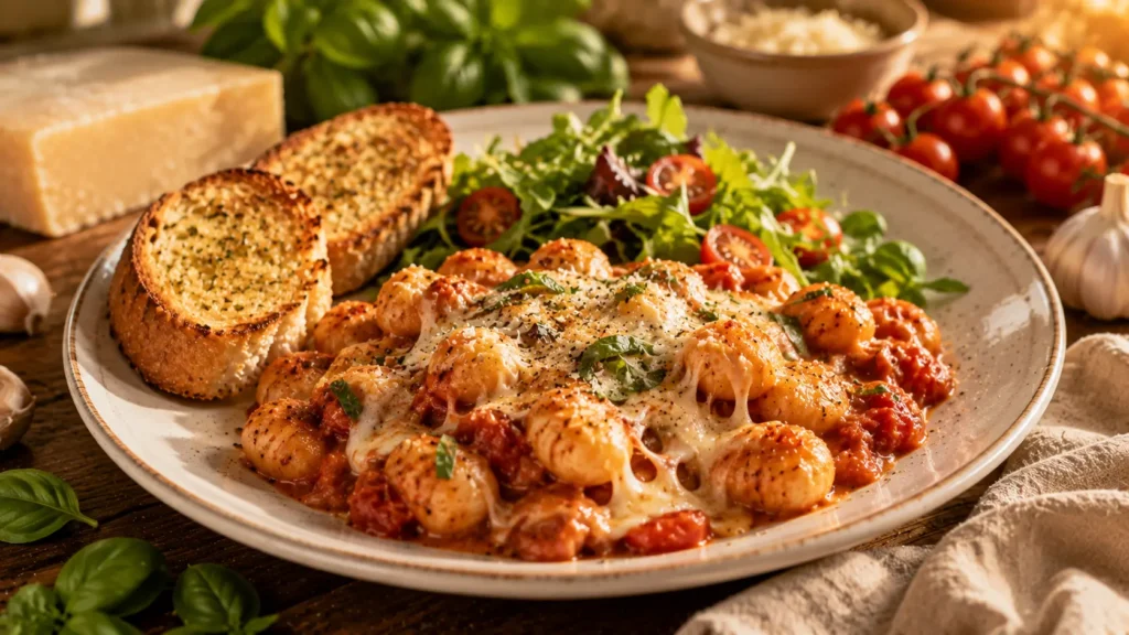A serving of creamy One Pan Gnocchi Bake with garlic bread and fresh basil on a white dinner plate.