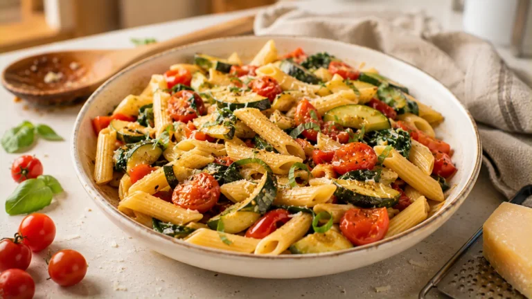 One-pan vegetable pasta with zucchini, bell peppers, cherry tomatoes, spinach, basil and Parmesan.
