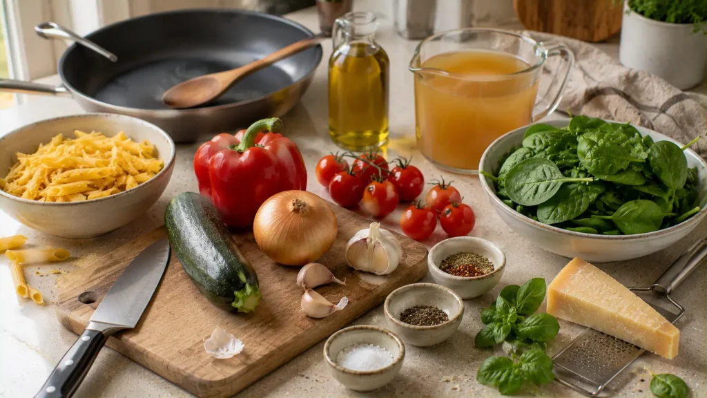 Ingredients for one-pan vegetable pasta including pasta, zucchini, bell pepper, tomatoes, spinach, garlic and Parmesan.