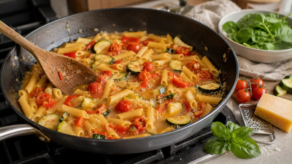 Pasta simmering with zucchini, bell peppers and cherry tomatoes in one skillet.