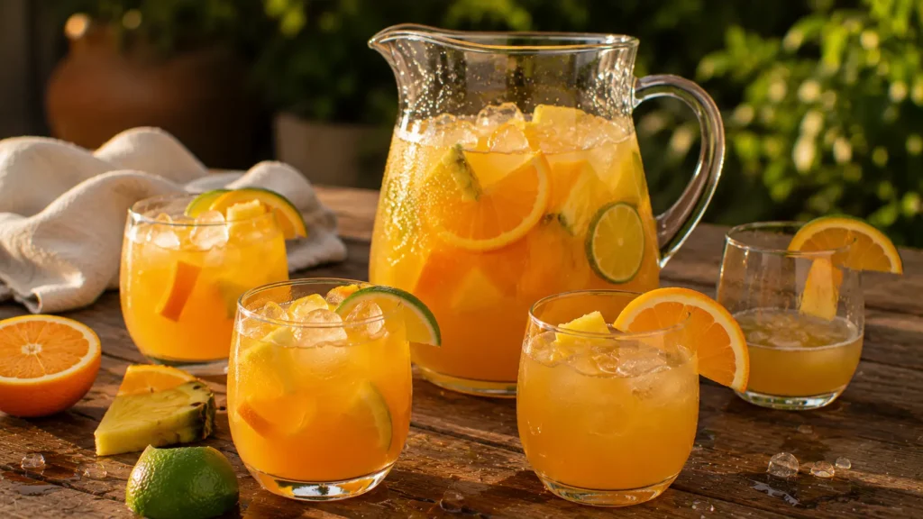 Orange and pineapple rum punch served in a pitcher with fresh citrus, pineapple and ice.