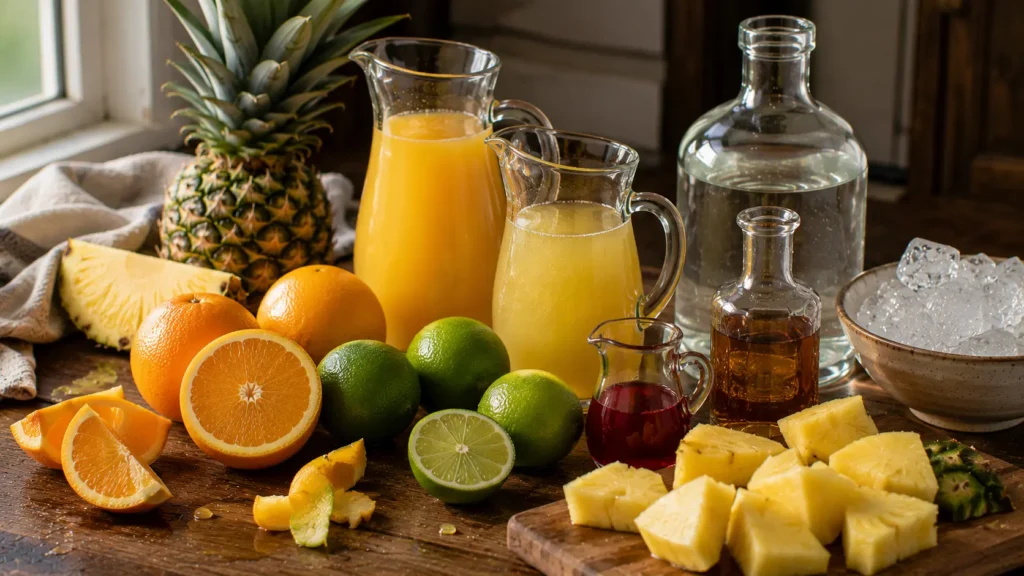 Pineapple, oranges, limes, rum and fruit juices for orange and pineapple rum punch.